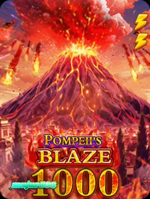 Tampilan visual slot Pompeii’s Blaze 1000 dengan latar belakang Gunung Vesuvius yang membara